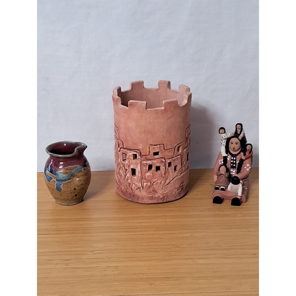 Vintage Southwestern Pottery Lot With Pueblo Storyteller Candle Tower & Pitcher